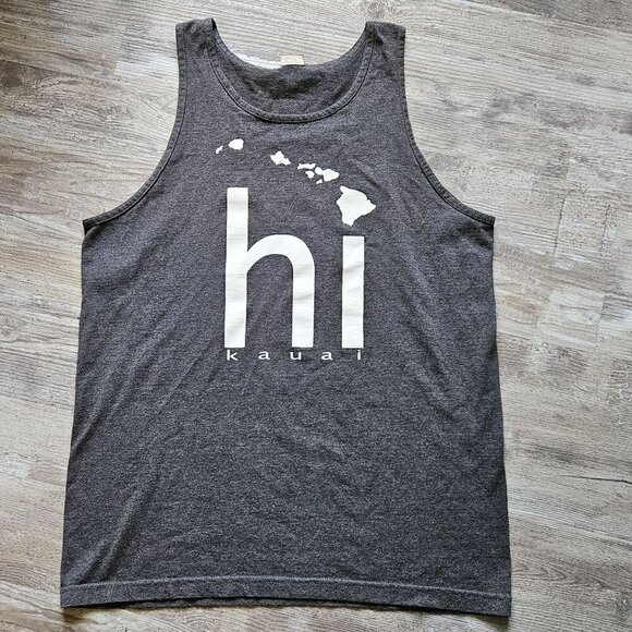 Hawaii Islands "Hi Kauai" Graphic Tank Top Large Gray Beach Vintage Muscle - Picture 1 of 14